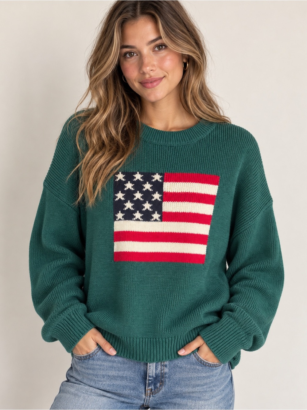Zenana American Flag Knit Sweater – Hunter Green 🇺🇸